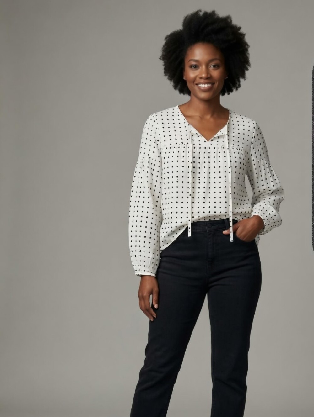 Nine West XL White Polka Dot Peasant Blouse